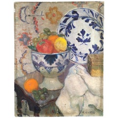 Still Life Painting, Delft Plate and Bowl, American Early 20th Century