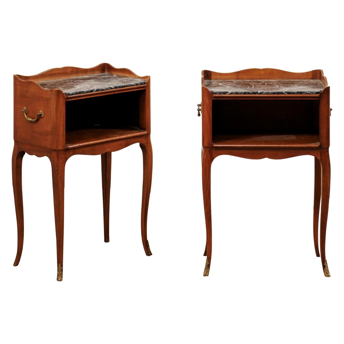 Pair of French Mid-20th Century Marble-Top Side Chests with Cabriole Legs