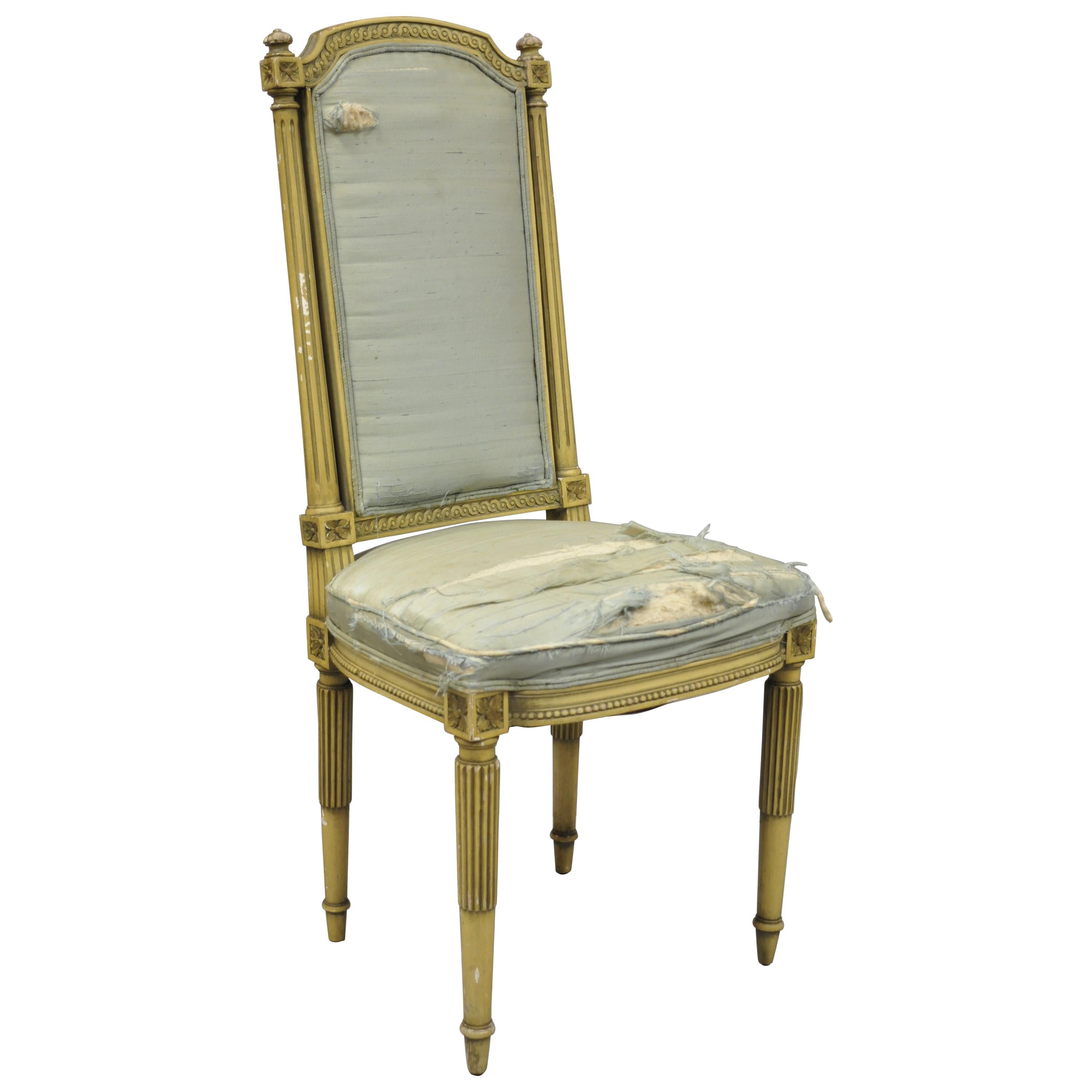French Louis XVI Cream Distress Painted Tall Back Dining Side Accent Chair