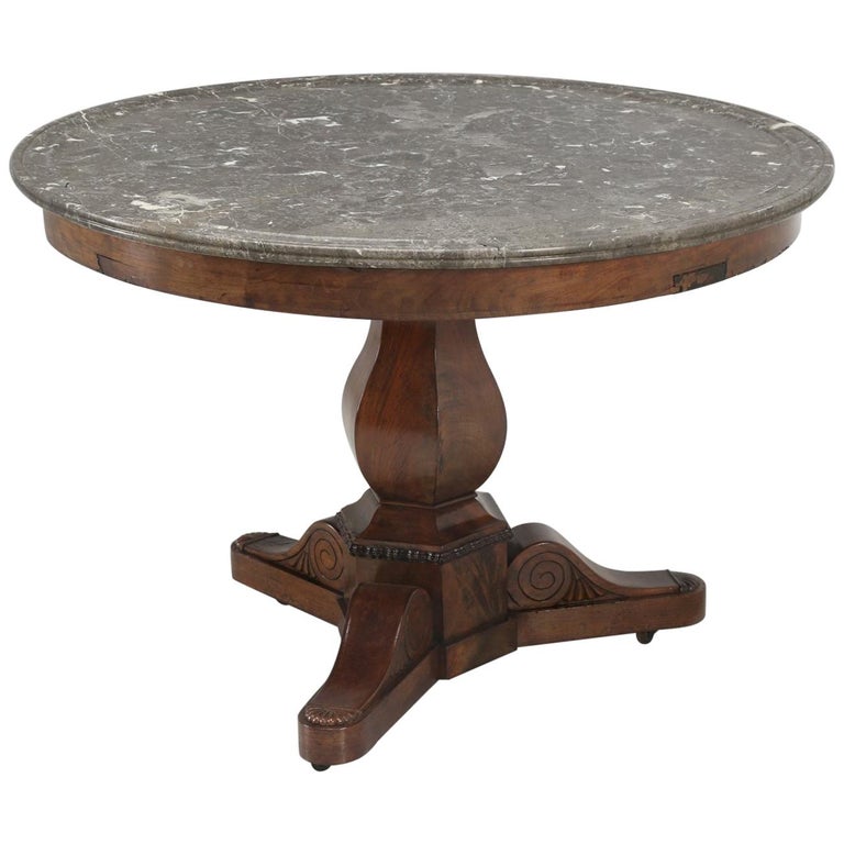 Antique French Centre-Hall Table in Walnut with a Grey Marble Top For Sale