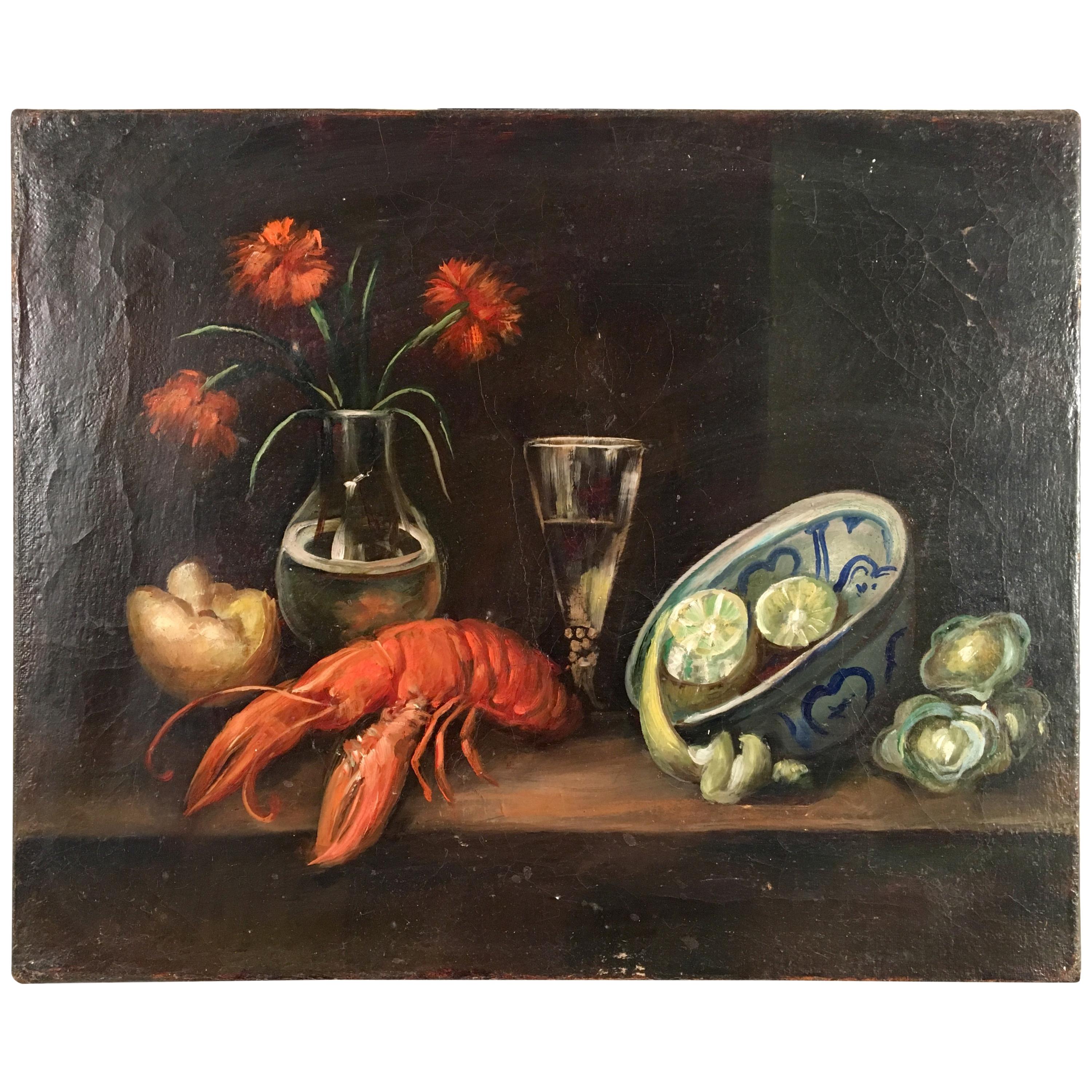 Still Life Painting, Lobster, French 19th Century