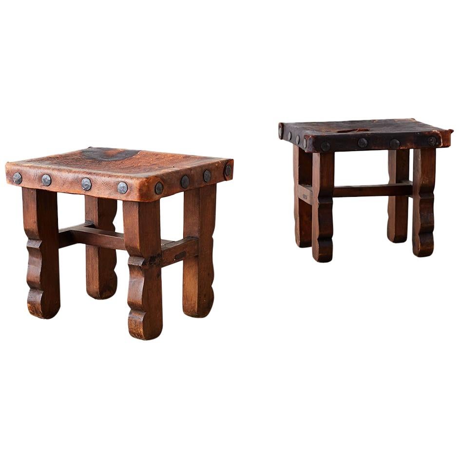 Pair of Spanish Colonial Walnut Stools with Leather Seats