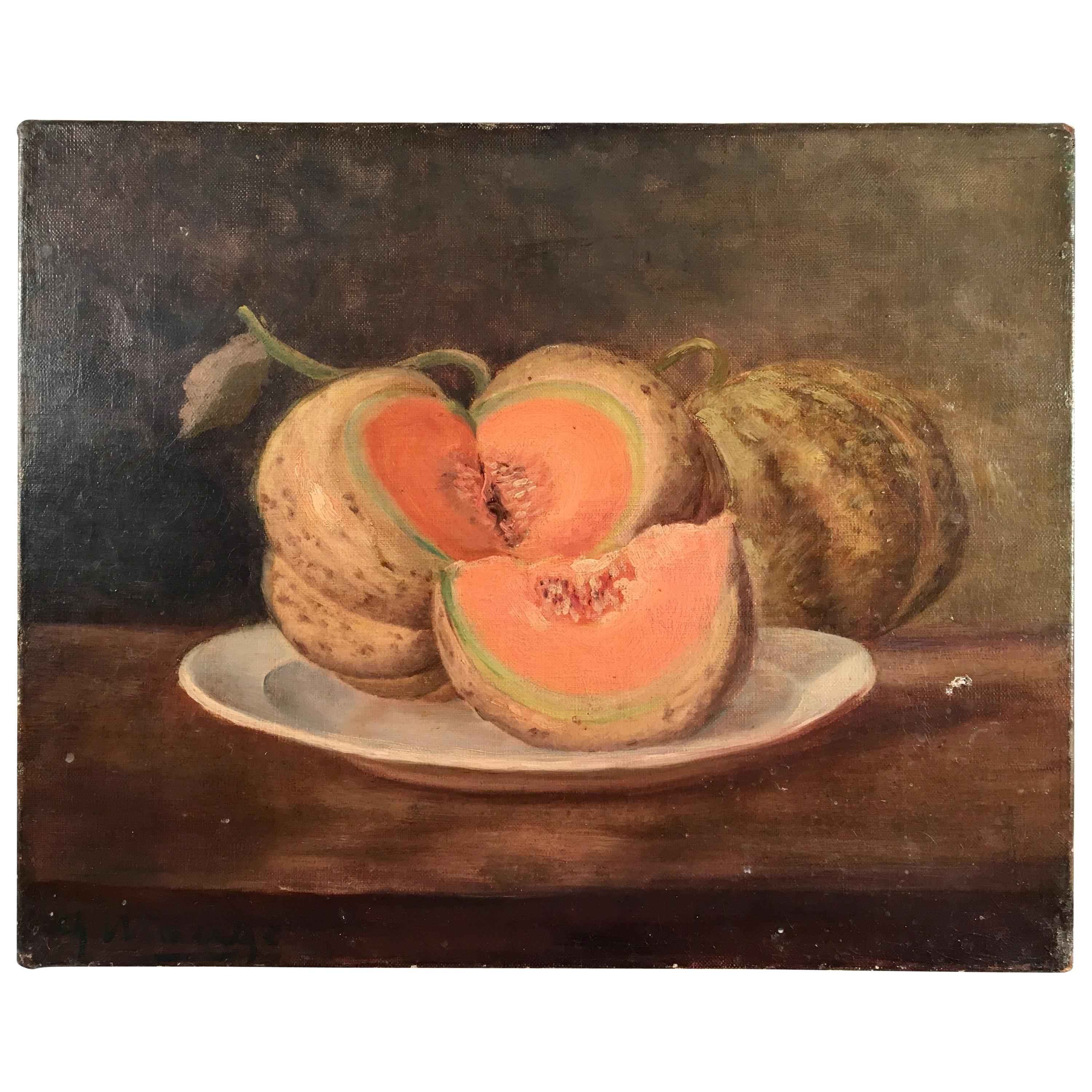 Still Life Painting, Melon, French, 19th Century