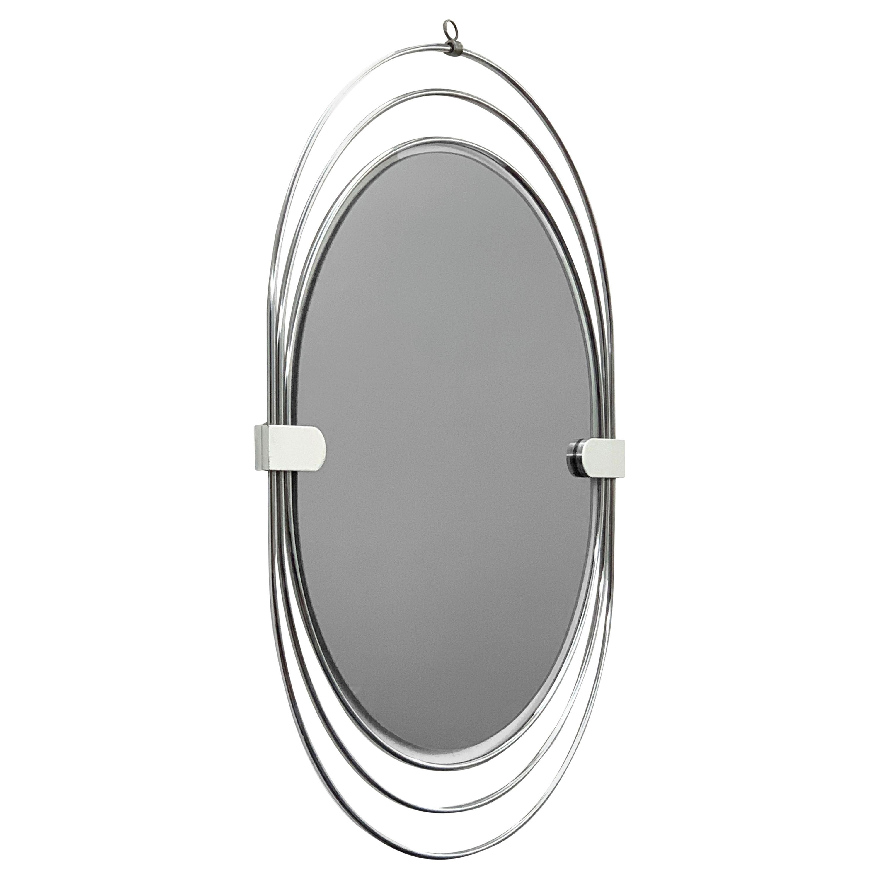 Oval Wall Mirror in Stainless Steel, Triple Frame, Smoked Mirror, Italy, 1970s For Sale