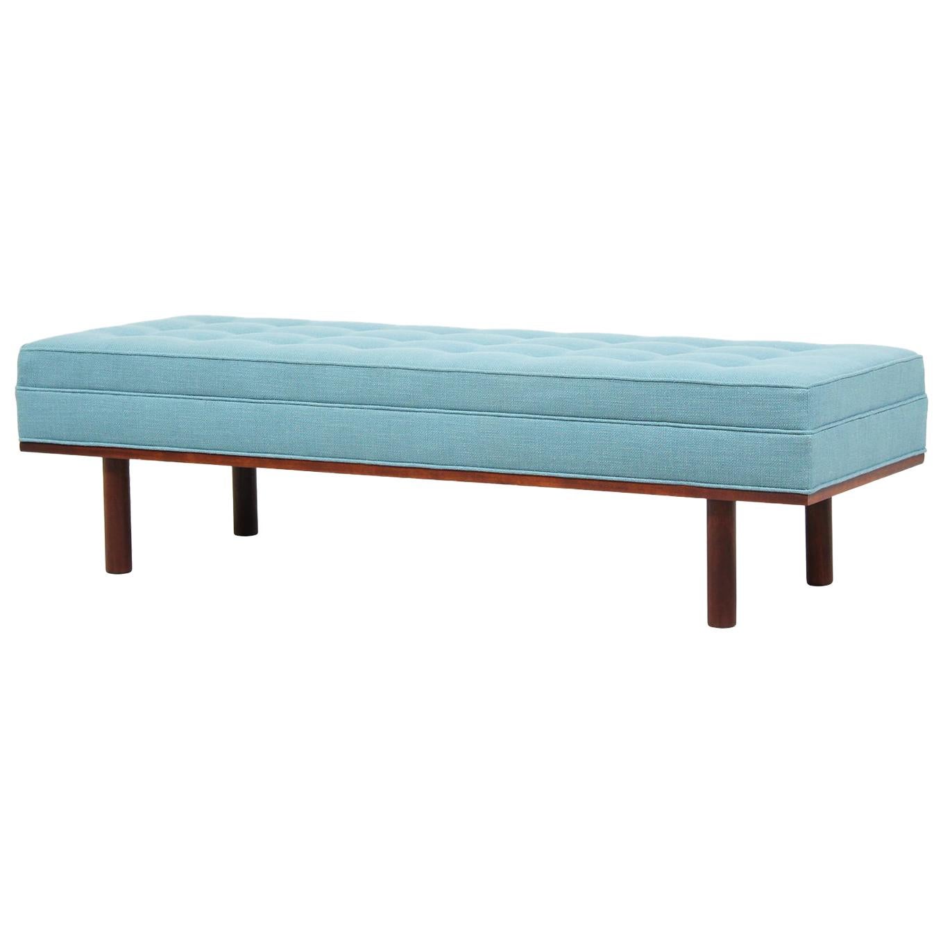 Midcentury Tufted Bench with Accent Walnut Base