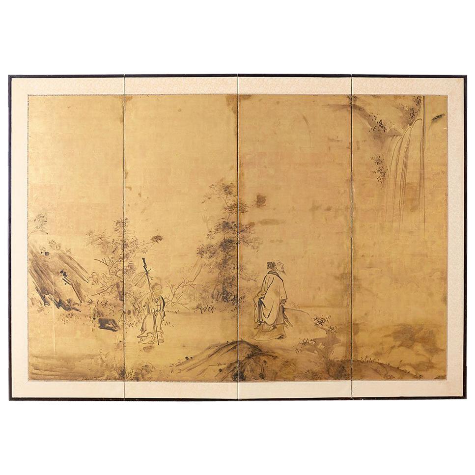 18th Century Japanese Four Panel Kano School Screen