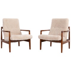 Set of Jens Risom Mid-Century Modern Shearling Lounge Chairs