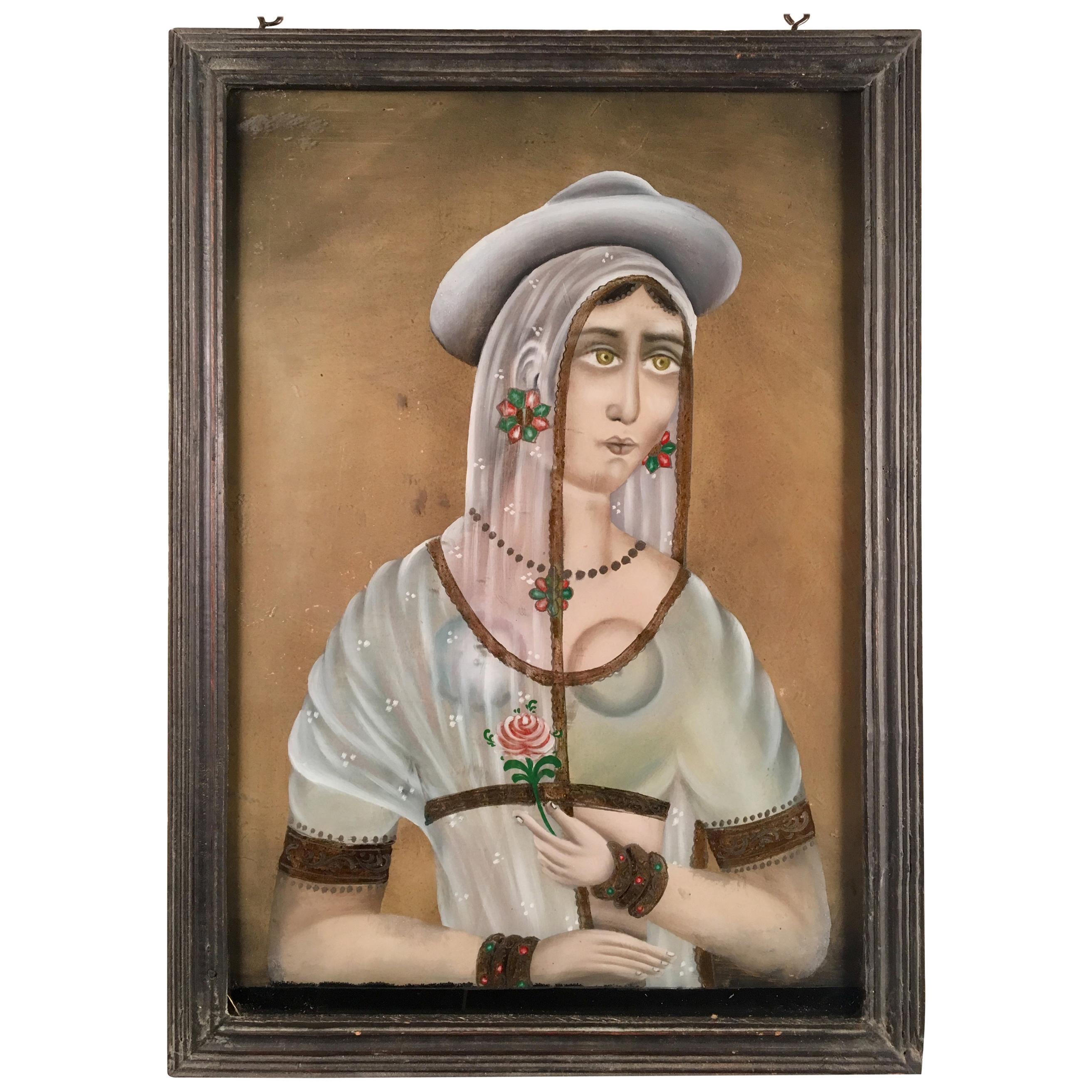 Reverse Painting on Glass, Portrait of a Woman, India, 19th Century