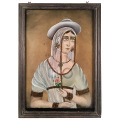 Reverse Painting on Glass, Portrait of a Woman, India, 19th Century