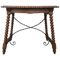 19th Century Spanish Farm Table with Iron Stretchers, Hand Carved Top and Drawer