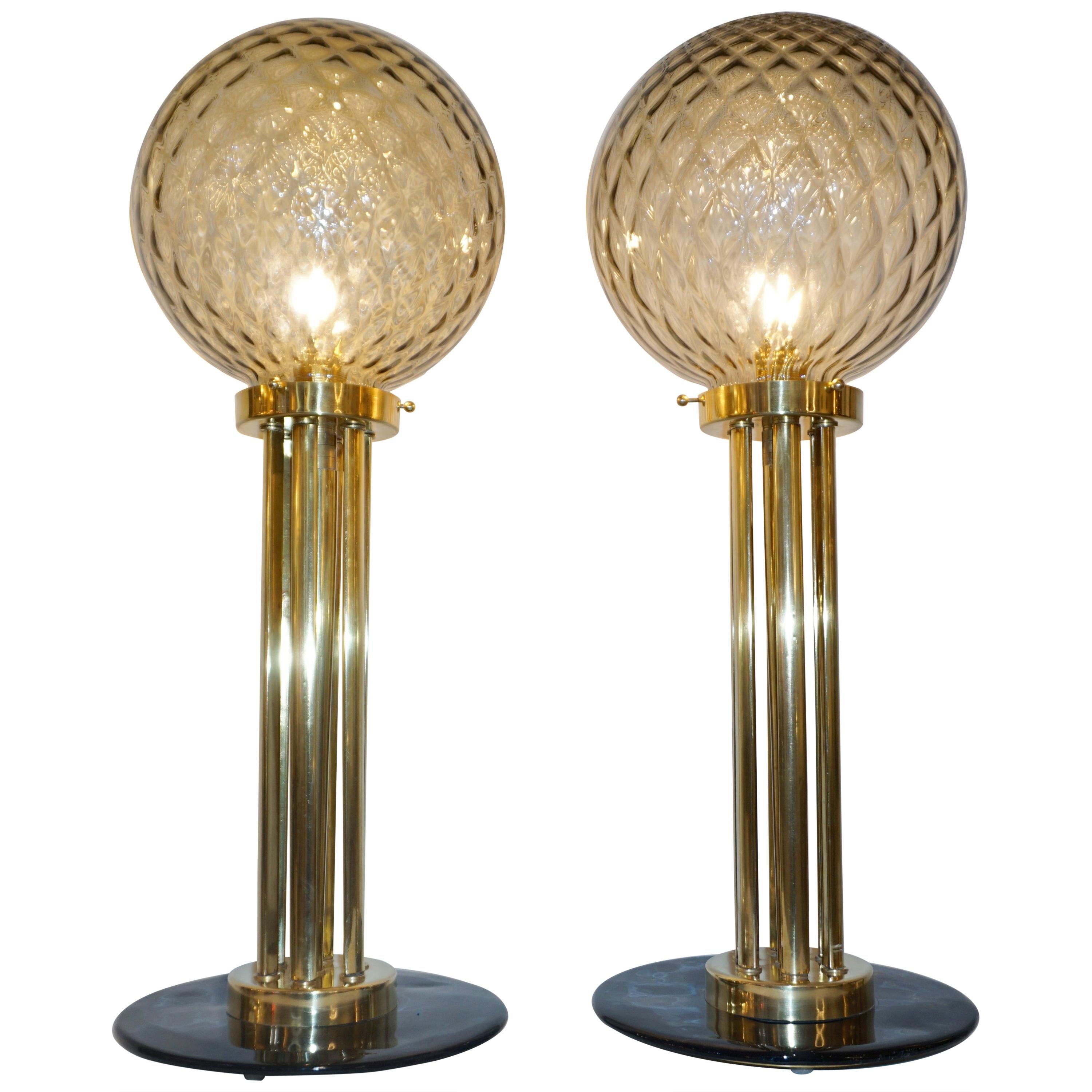 Italian Pair of Art Deco Design Amber Gold and Black Murano Glass Brass Lamps