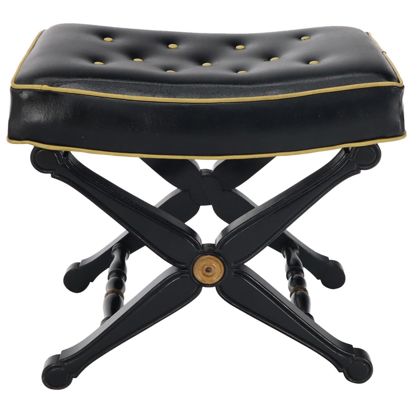 X Base Black Lacquer Tufted Two-Tone Upholstery Neoclassical Bench Footstool For Sale