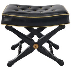 X Base Black Lacquer Tufted Two-Tone Upholstery Neoclassical Bench Footstool