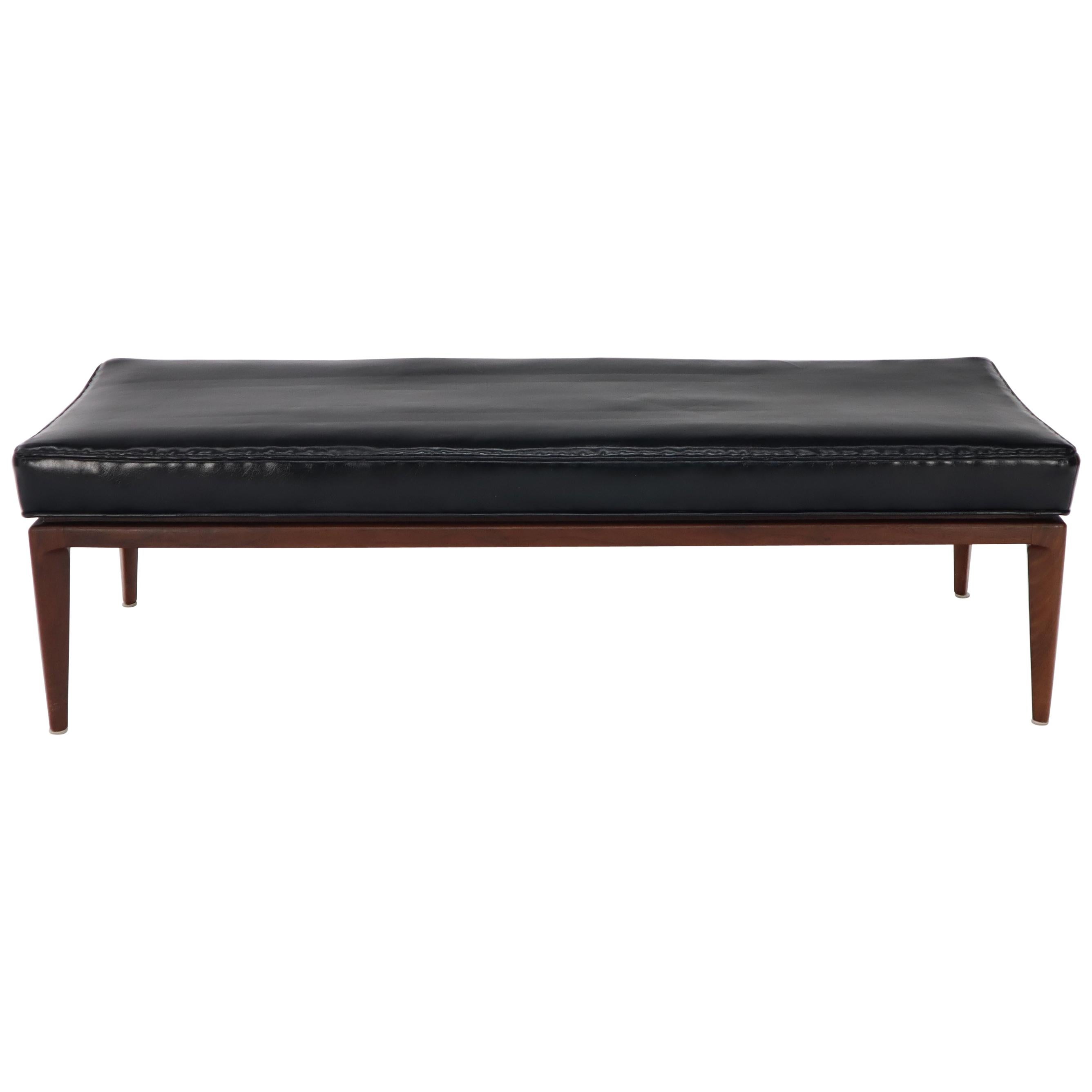 Jens Risom Style Walnut Base Mid-Century Modern Black Upholstery Bench