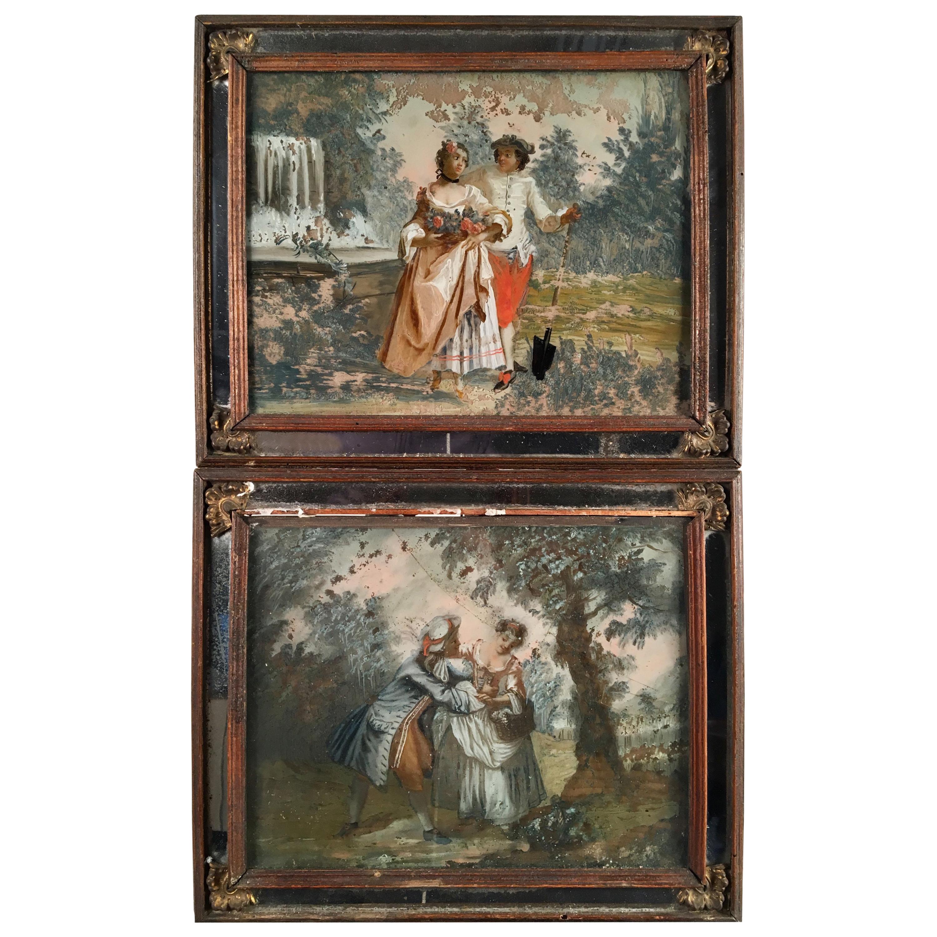 Pair of Romantic Style Églomisé Paintings, 19th Century