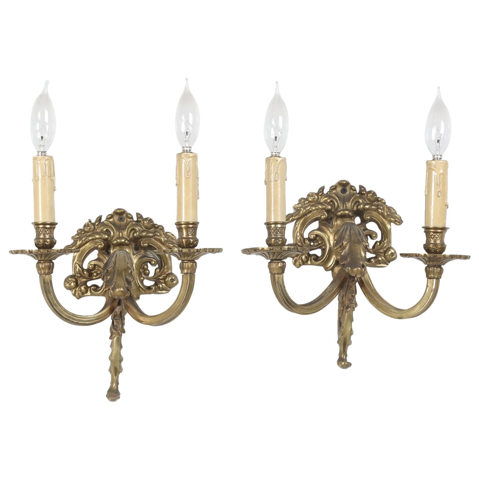 Pair of Solid Brass Two-Light Sconces