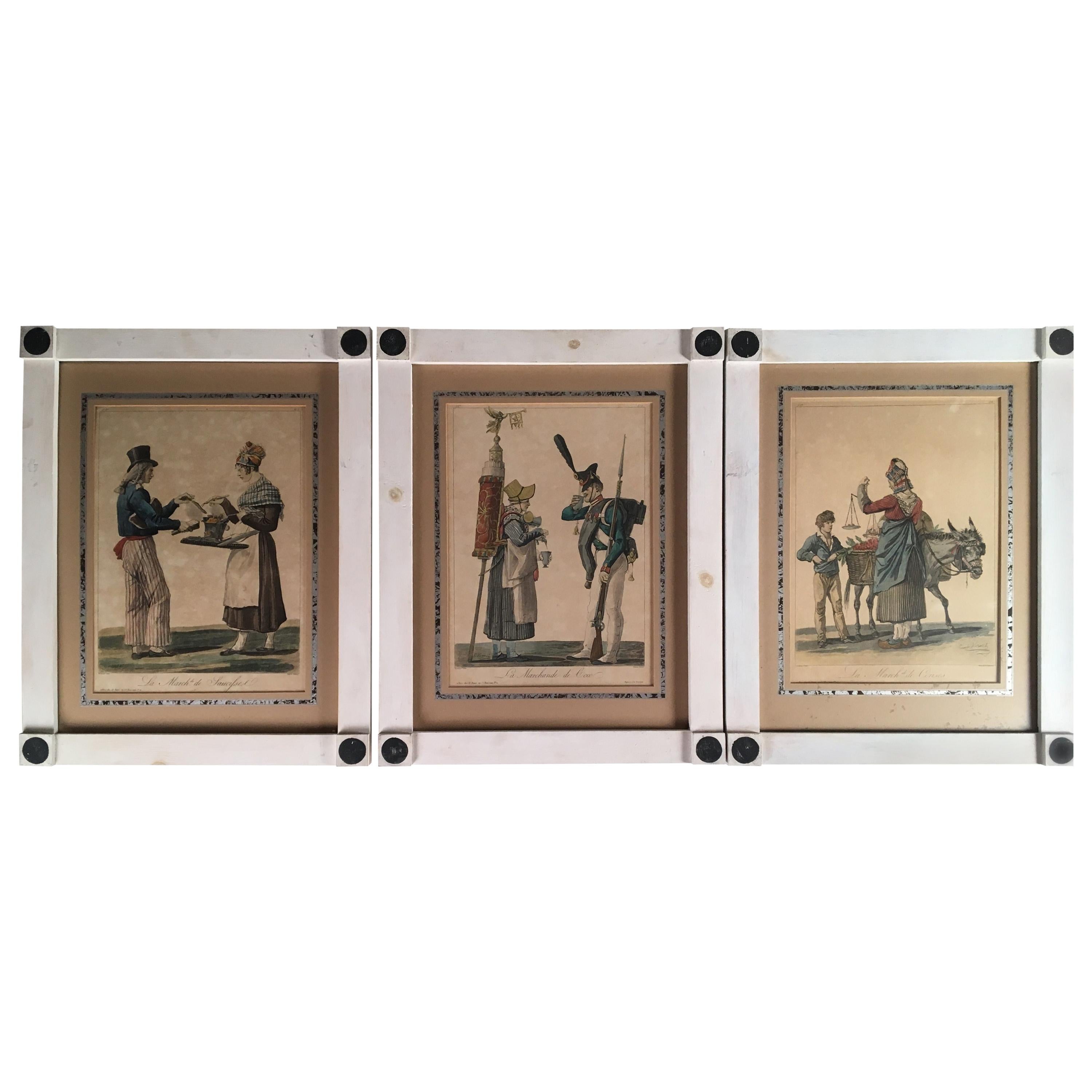 Set of 3 Prints, Food Vendors, French, 19th Century