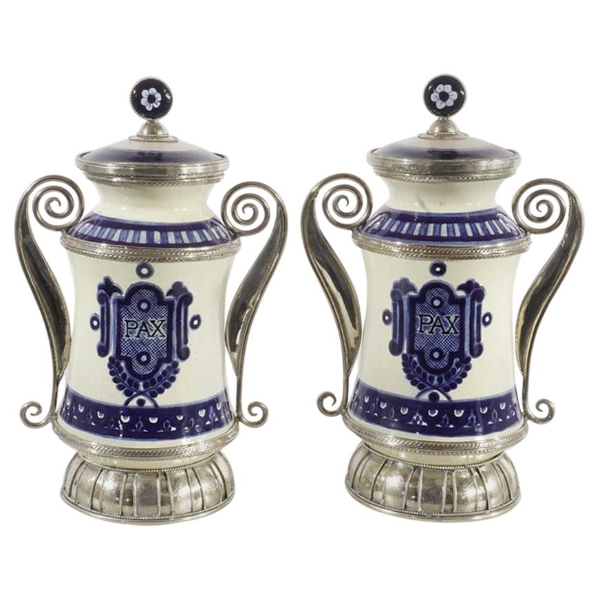 Ceramic and White Metal 'Alpaca' Pair of Blue and White Pharmacy Jars