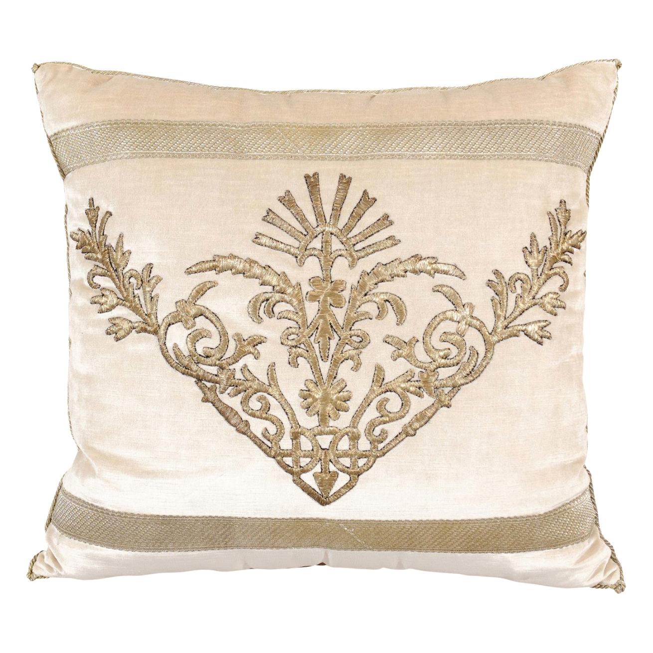 Antique Ottoman Empire Raised Silver Metallic Embroidery on Oyster Velvet Pillow