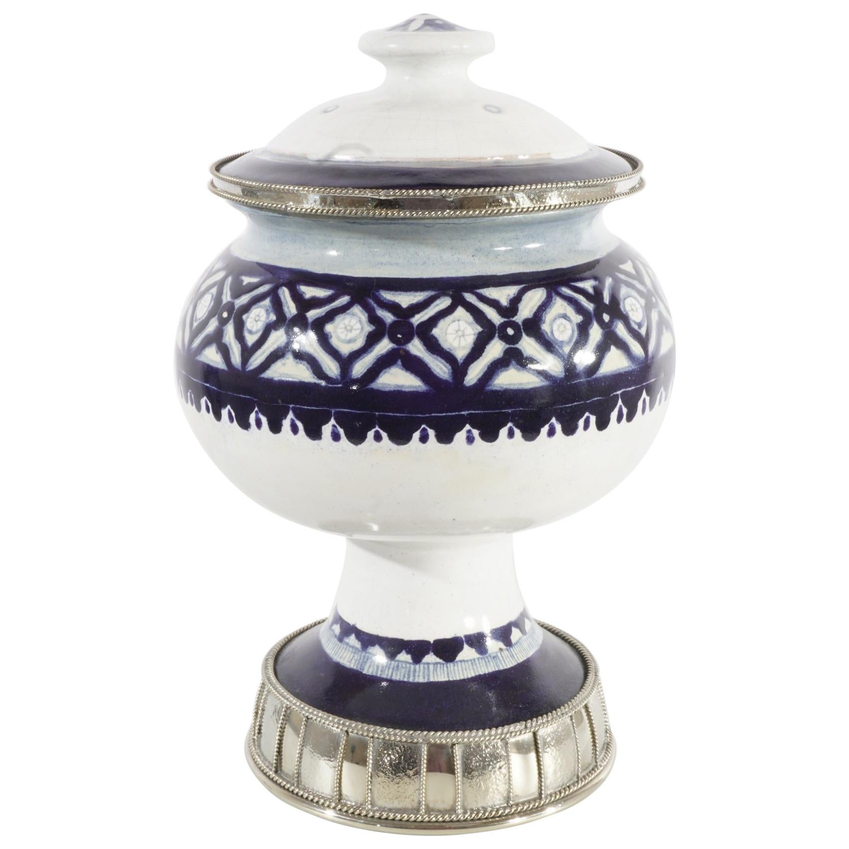Blue and White Jar, Ceramic and White Metal ‘Alpaca’, Handmade