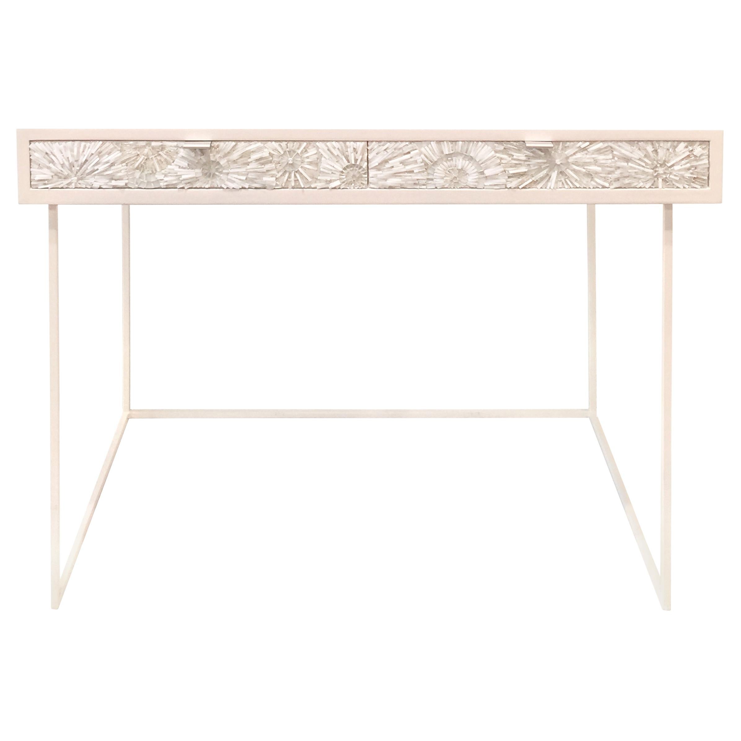 Modern White Blossom Glass Mosaic Desk with Modern Metal Base by Ercole Home For Sale