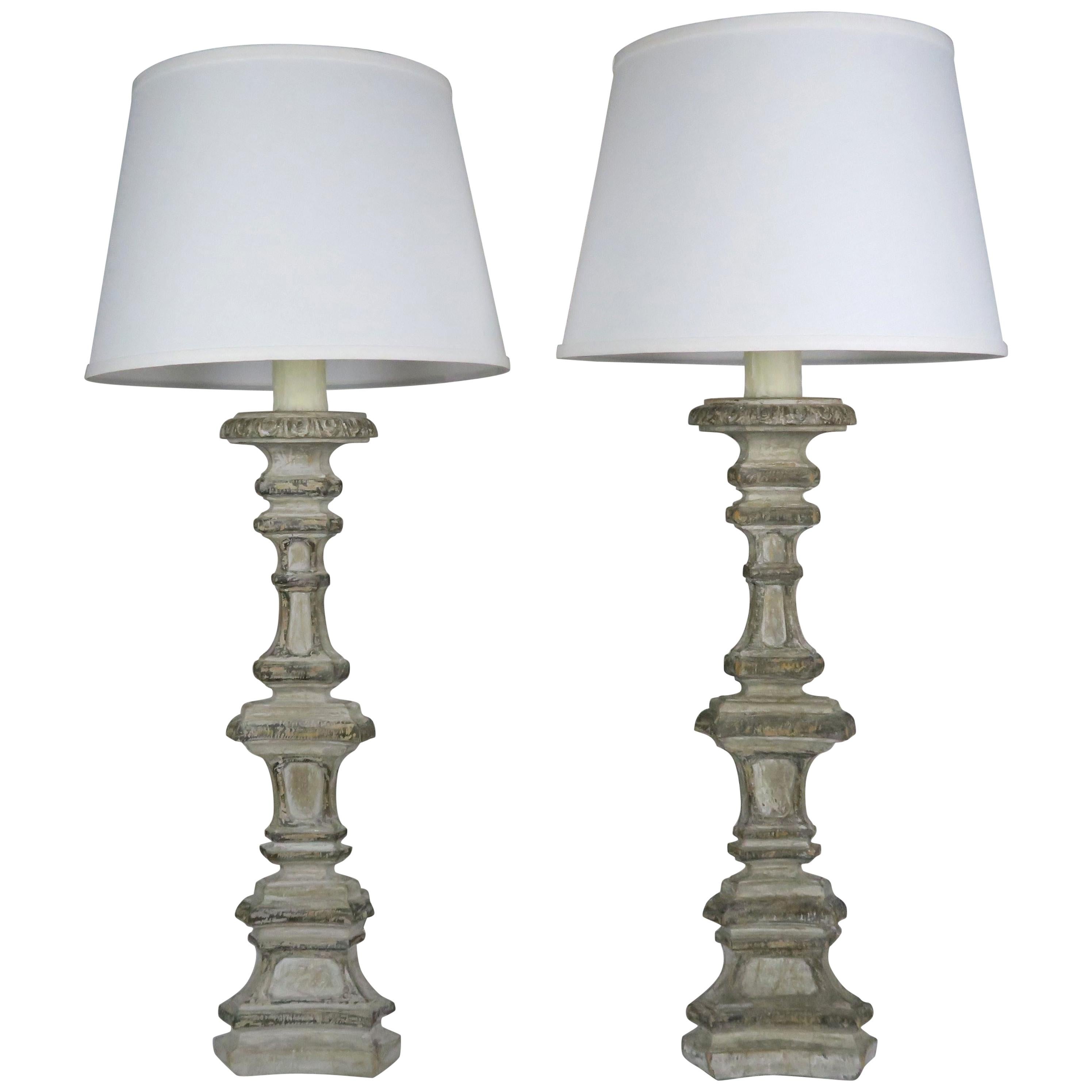 Pair of Italian Painted Candlestick Lamps with Linen Shades