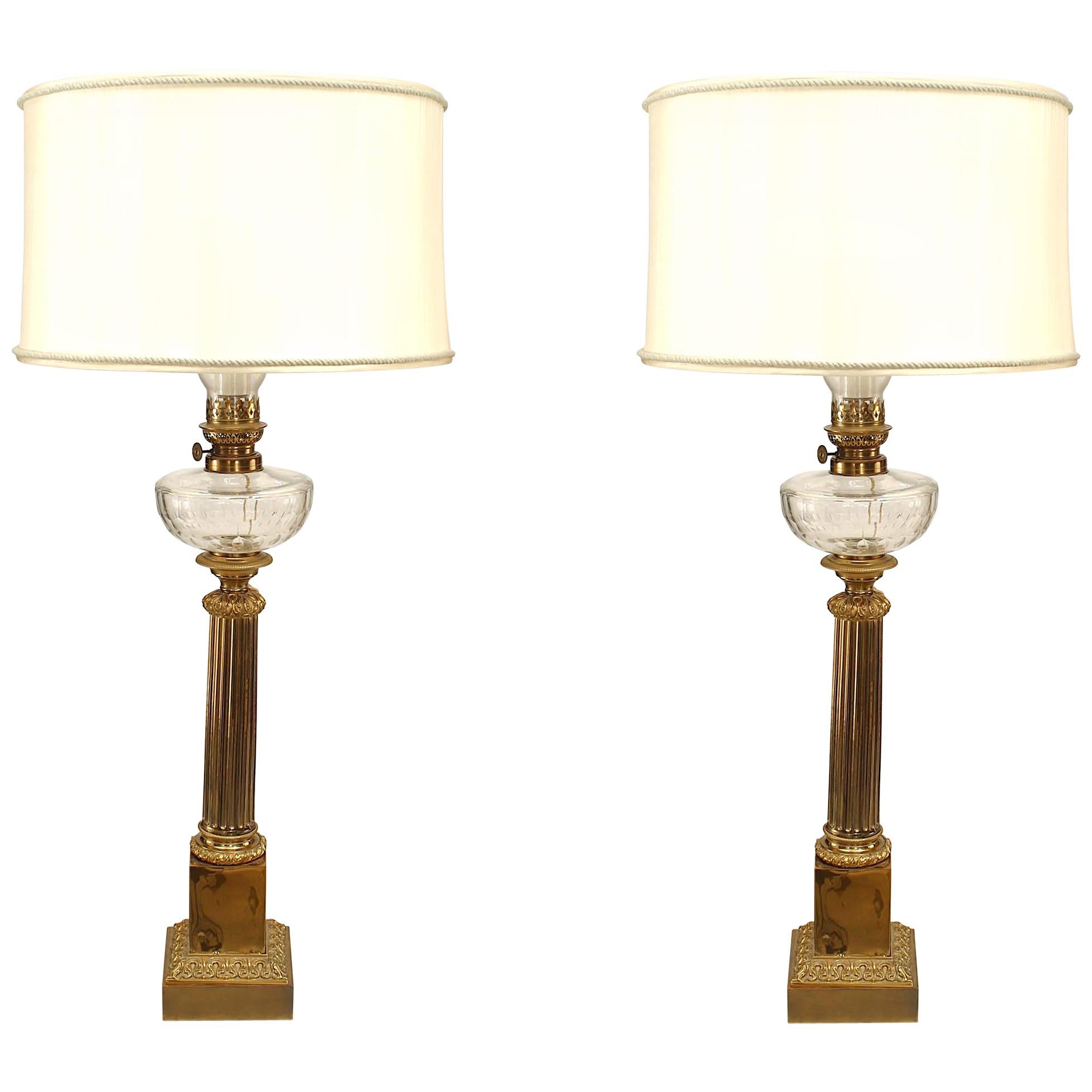 Zwei englische viktorianische Tischlampen aus Messing und Kristall