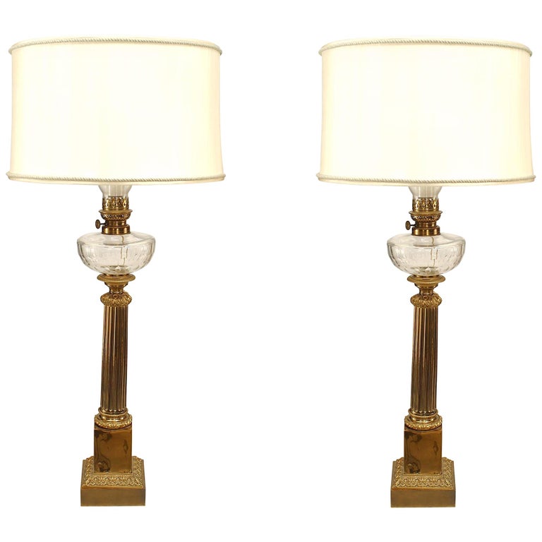 Pair of English Victorian Brass and Crystal Table Lamps For Sale at
