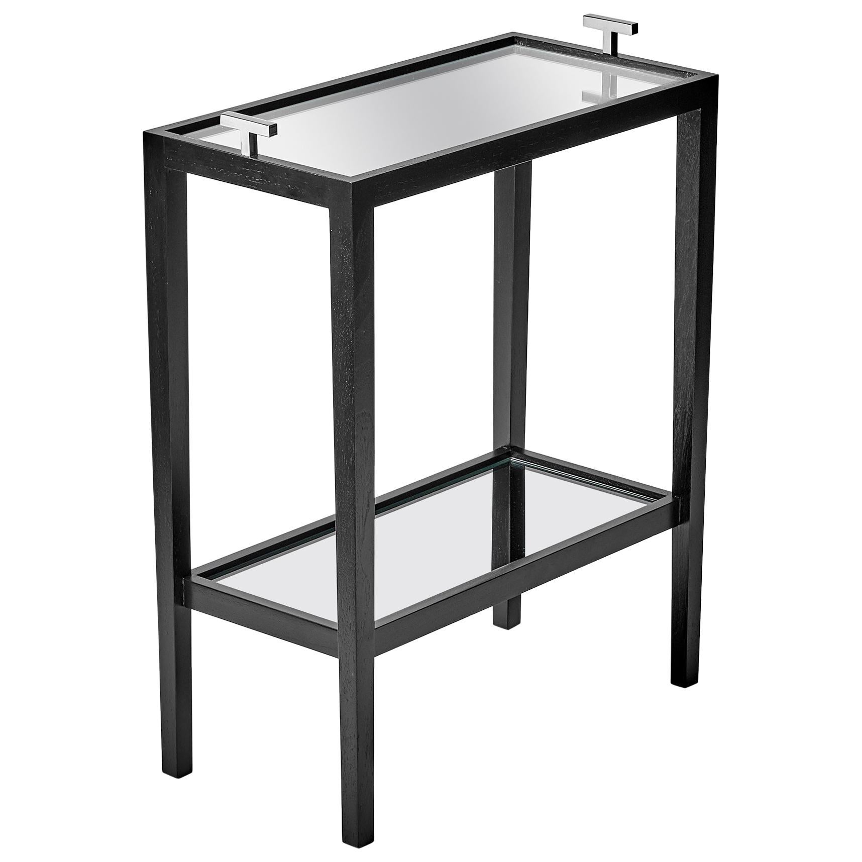 "T" Drink Table with black stain, mirrored inserts and polished chrome hardware For Sale