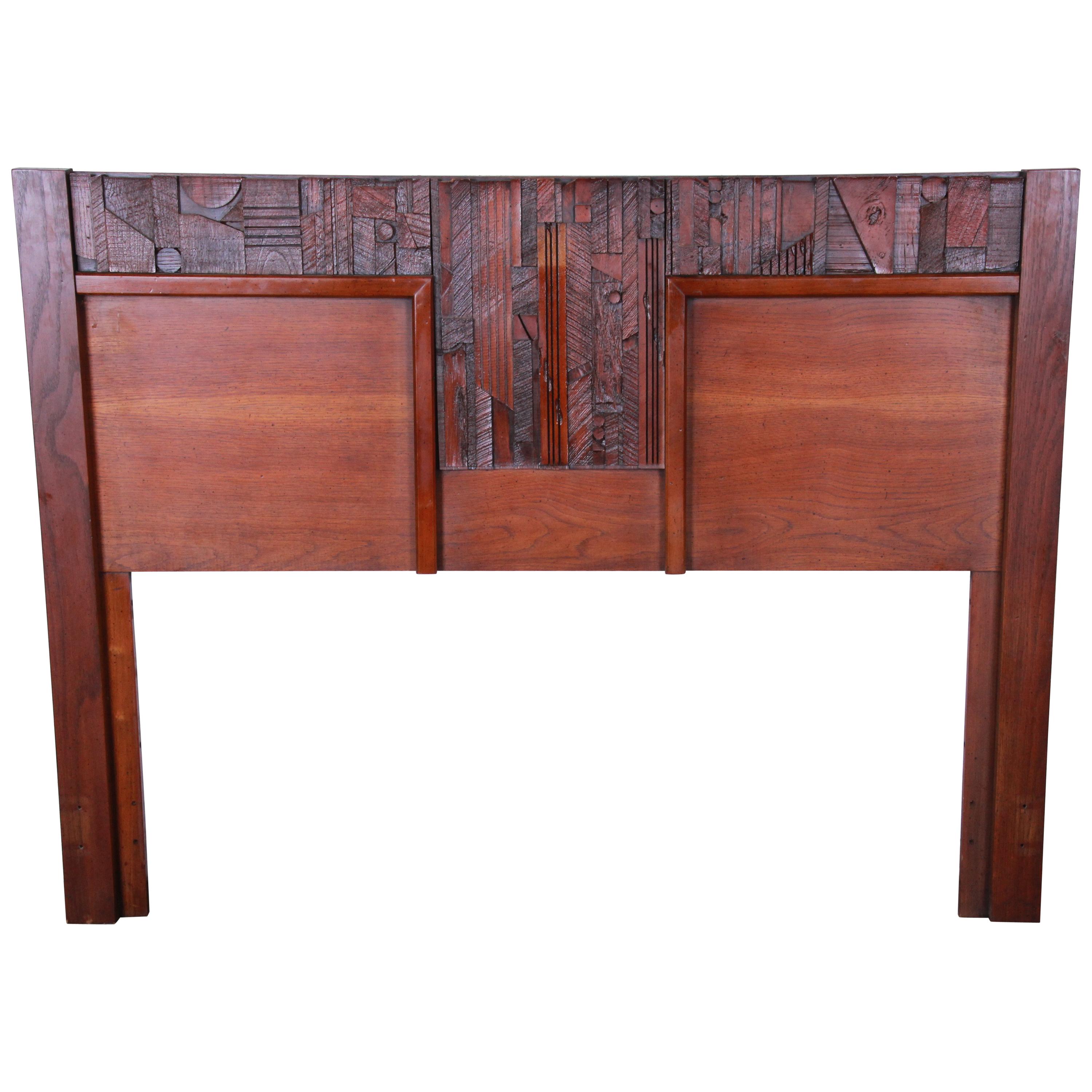 Lane Pueblo Brutalist Mid-Century Modern Oak Queen Size Headboard, 1970s