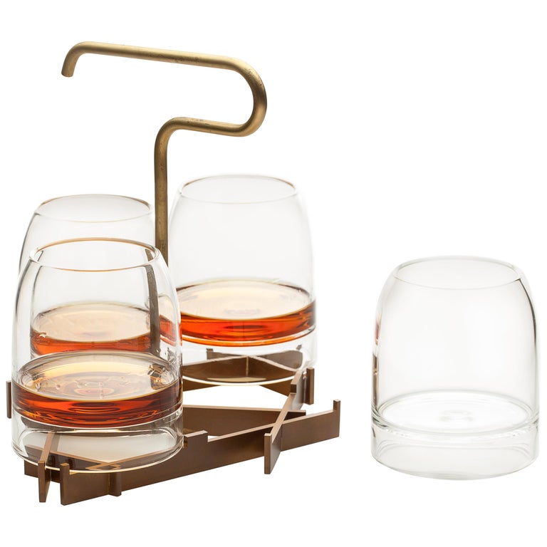 Rare Presenter Set with Four Contemporary Whiskey Glasses Handmade in Stock For Sale