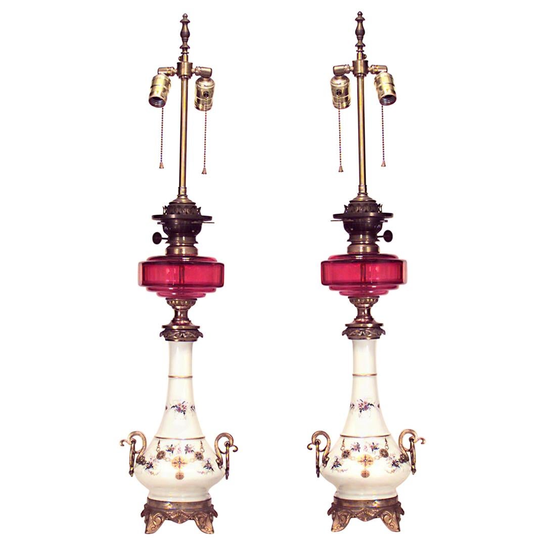 Pair of English Regency Porcelain and Glass Table Lamps For Sale