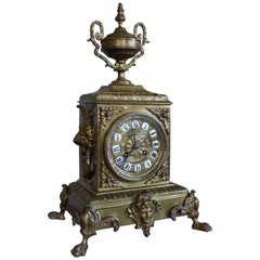 Antique Bronze and Brass Mantel Clock, Enameled Roman Numerals, Lion Sculptures