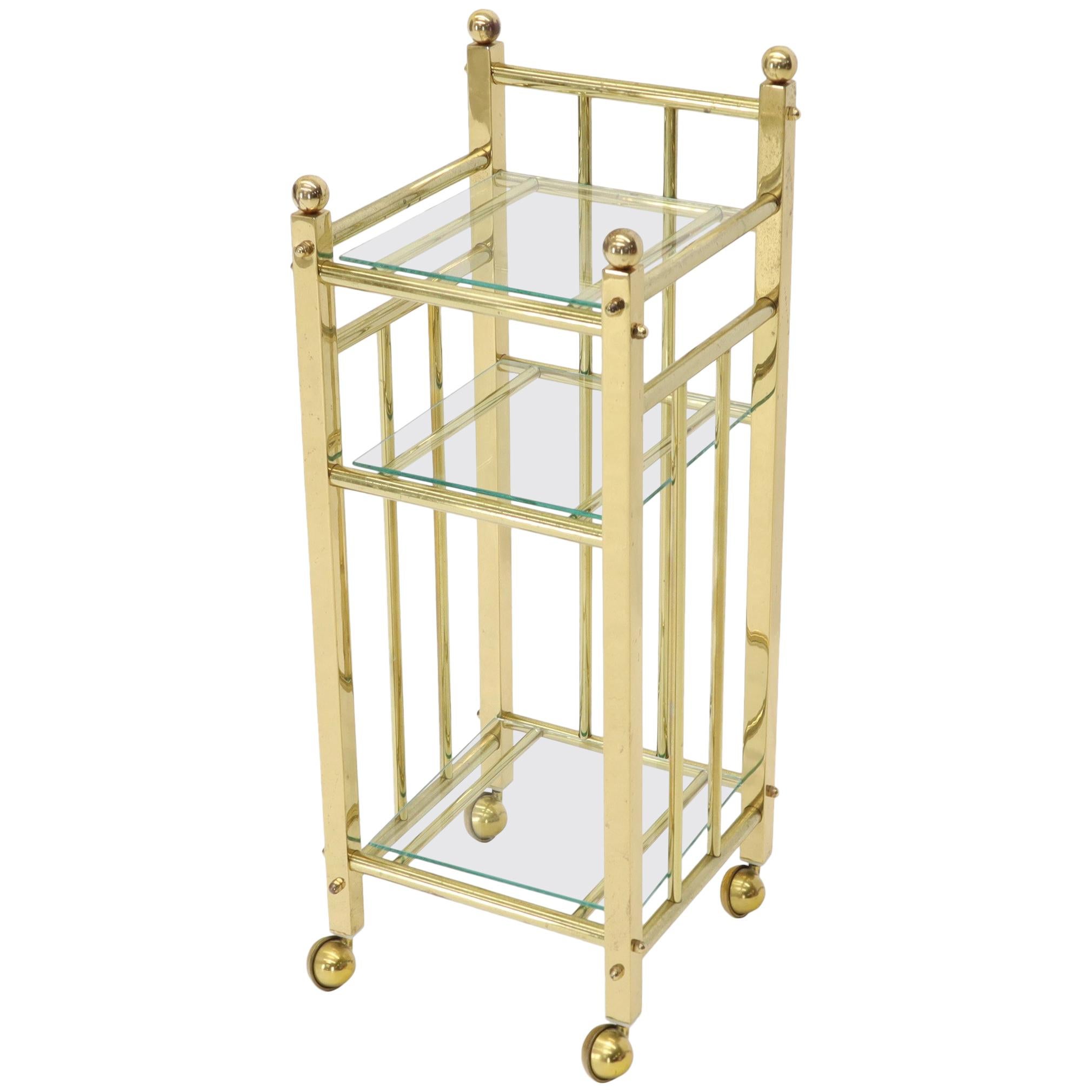 Mid-Century Modern Brass and Glass Square Stand Table Cart Pedestal on Wheels For Sale