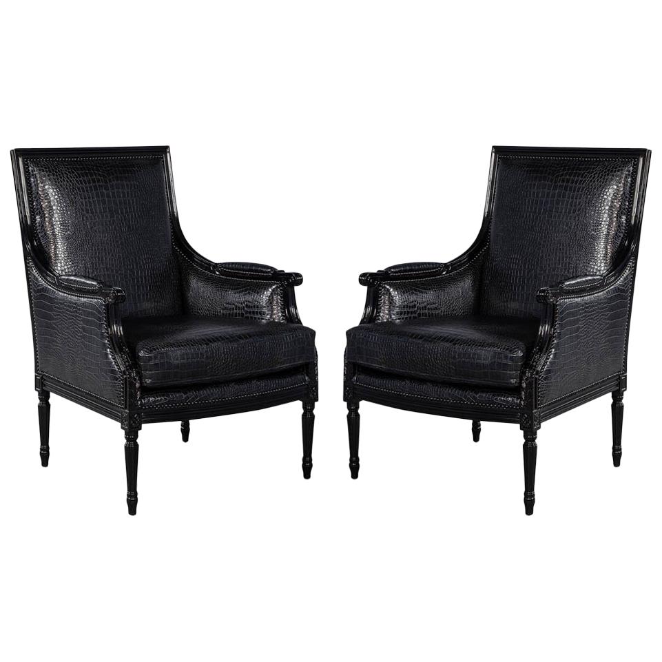 Pair of Louis XVI Style Bergère Club Lounge Armchairs in Croc Leather