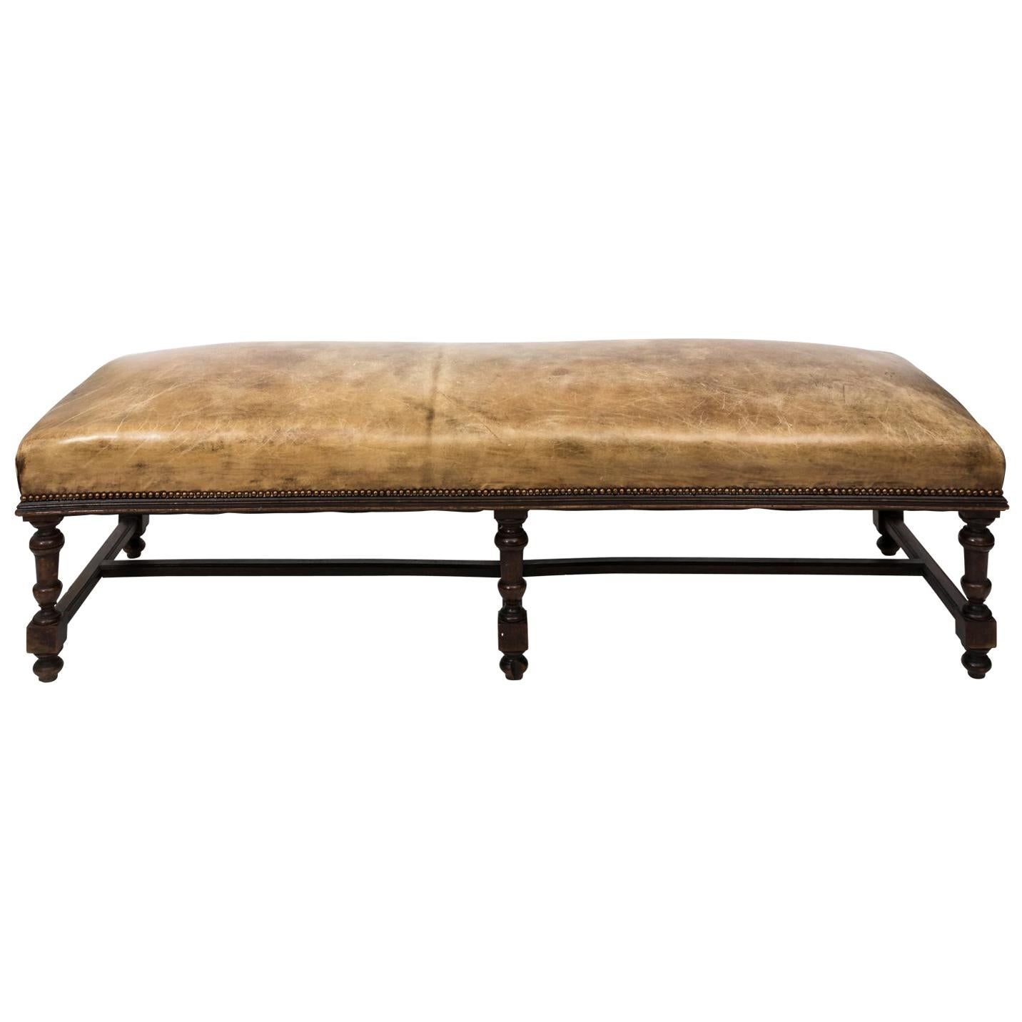 Early 20th Century Leather Jacobean Bench
