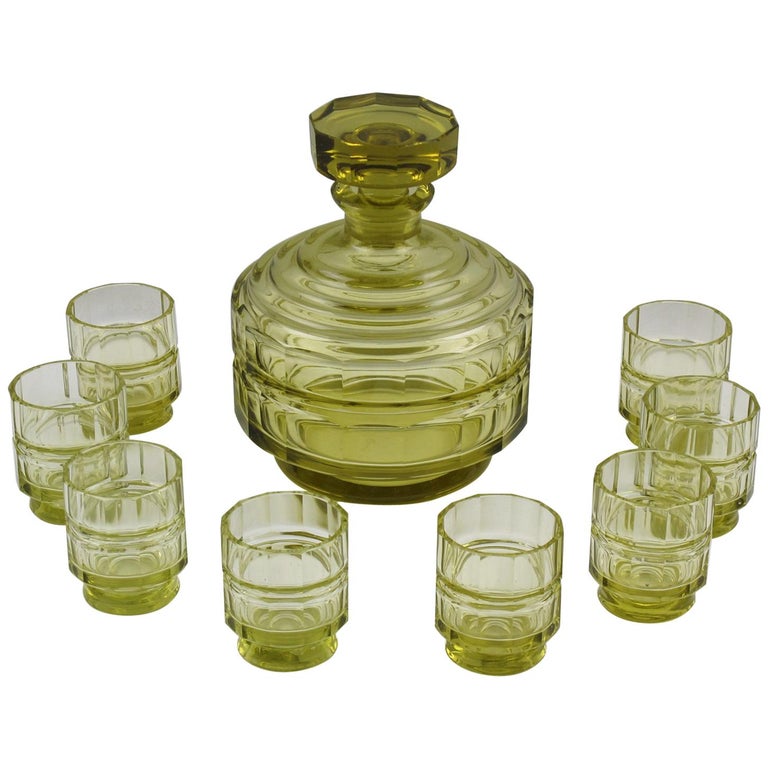 Art Deco Barware Bohemian Crystal Liquor Alcohol Decanter and Glass Set