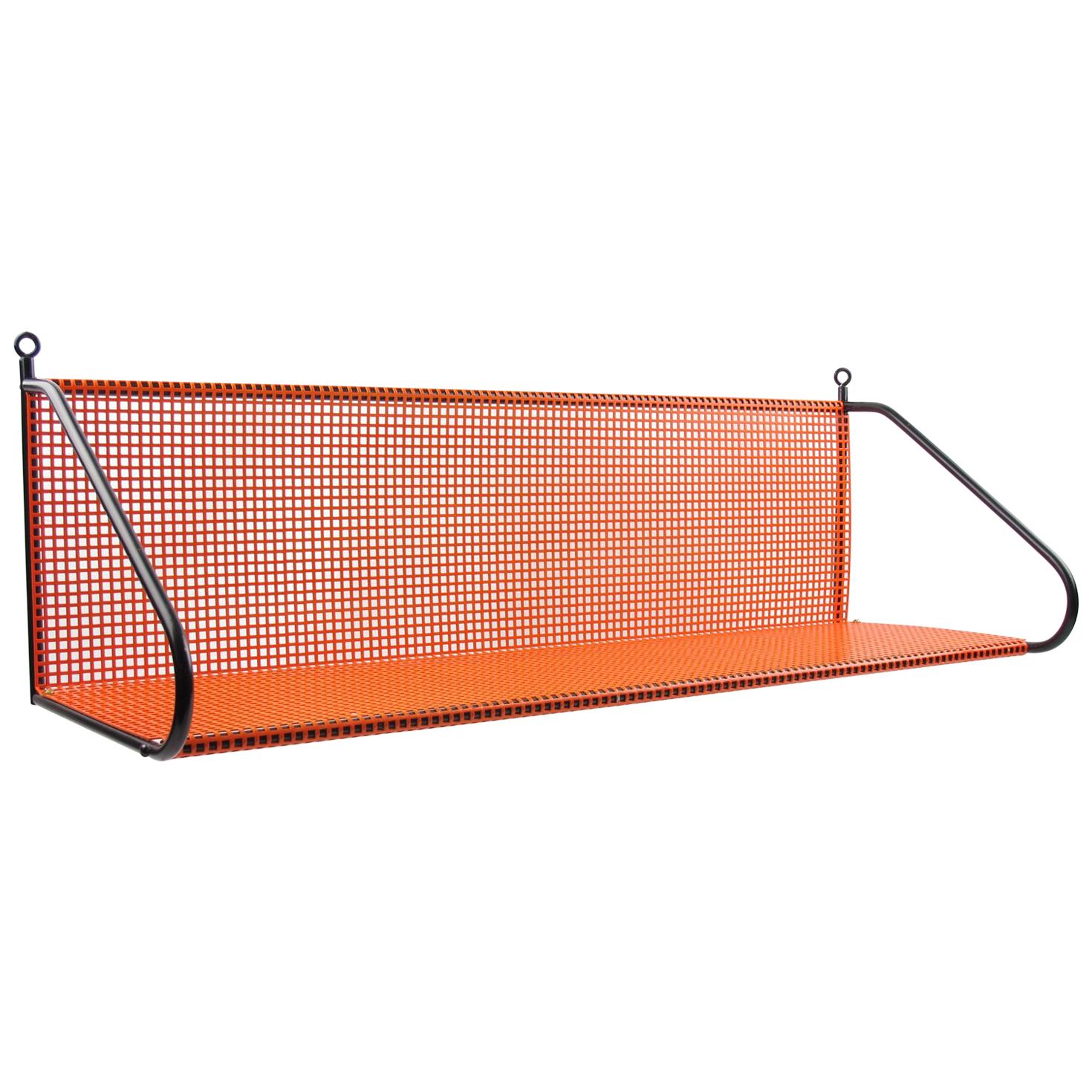 Mathieu Matégot Style Orange and Black Perforated Metal Wall Mounted Shelf