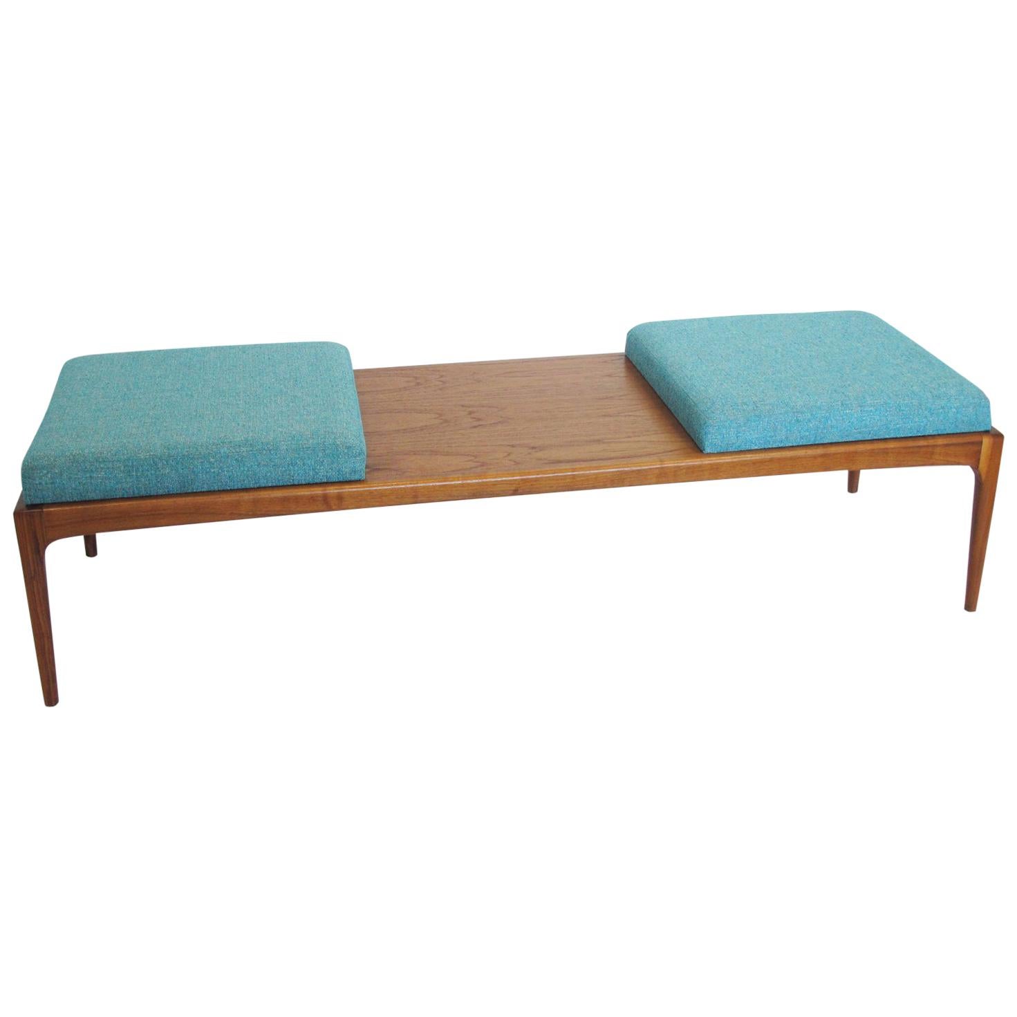 Lane Furniture Modernist Turquoise Fabric Upholstered Long Walnut Bench