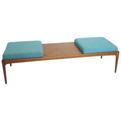 Vintage Lane Furniture Modernist Turquoise Fabric Upholstered Long Walnut Bench