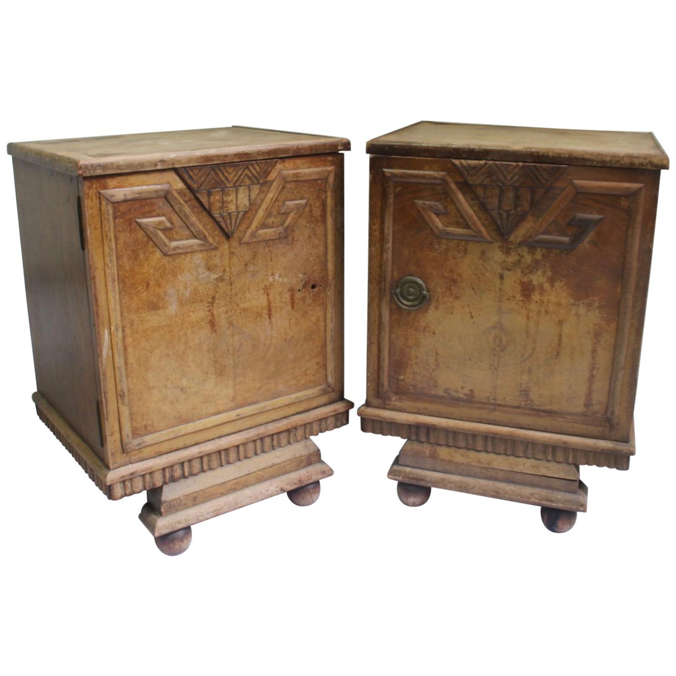 Unique Set of 2 Geometric Art Deco Spanish Nightstands or Side Tables, 1920s