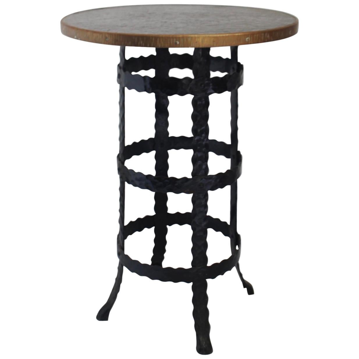 Midcentury Wrought Iron and Wood Round Coffee or Side High Table, 1950s For Sale