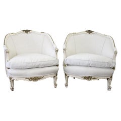 Pair of Louis XV Style Original Painted French Bergère Chairs in Belgian Linen