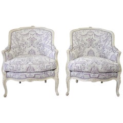 Pair of 20th Century Painted French Louis XV Style Bergere Chairs in Fortuny