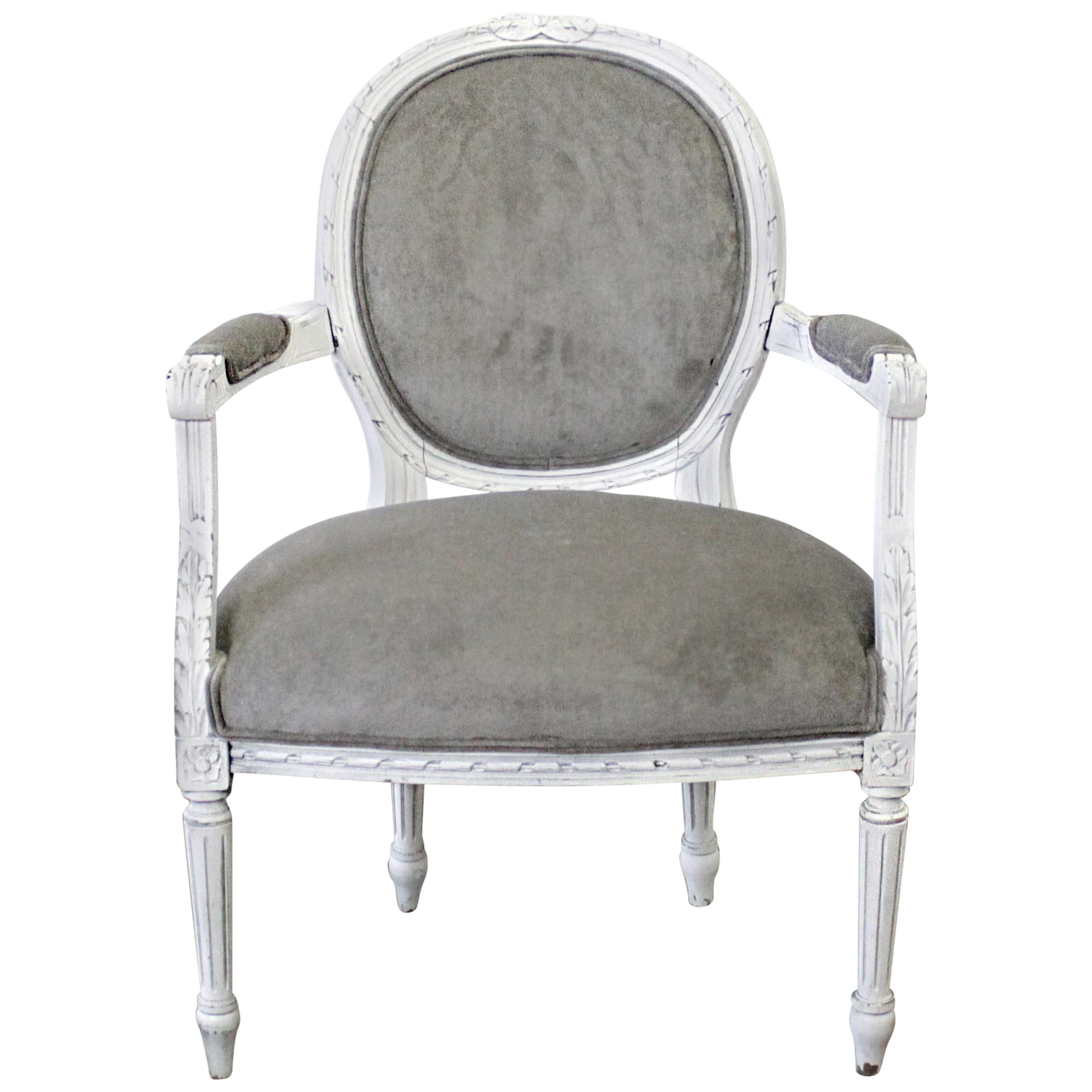 Early 20h Century Carved and Painted French Louis XVI Style Open Armchair