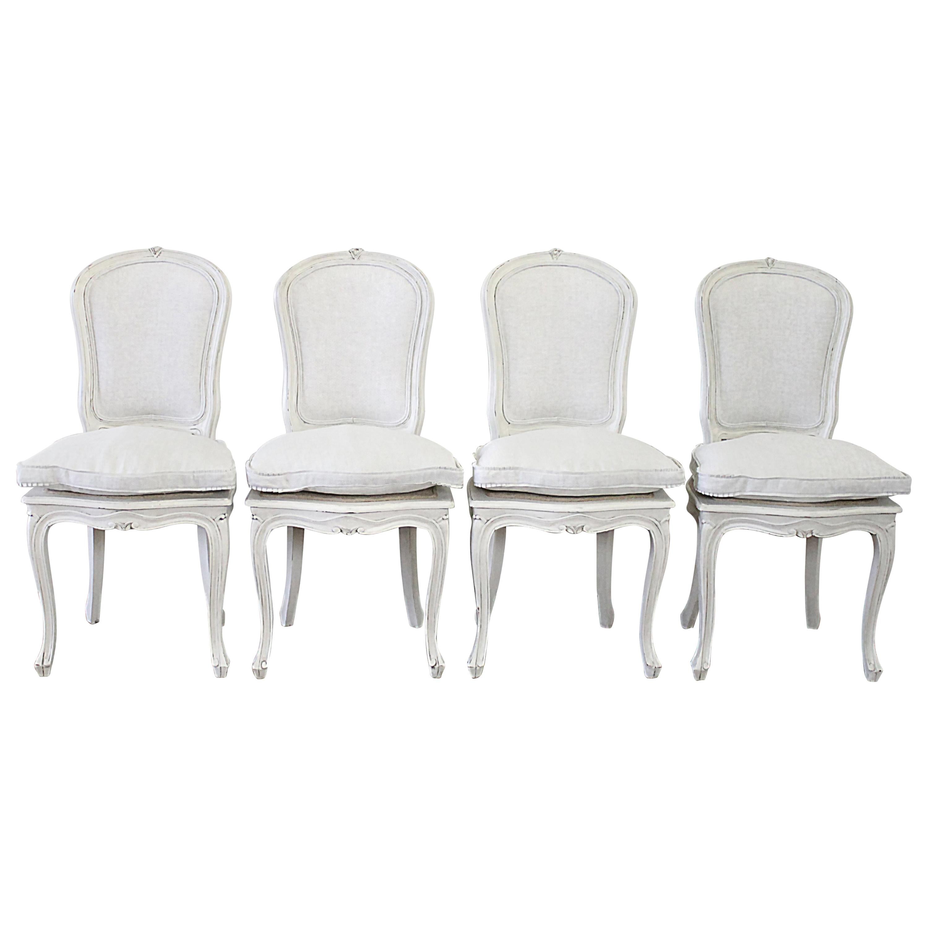Set of 4 Painted and Upholstered Linen Louis XV Style Dining Chairs