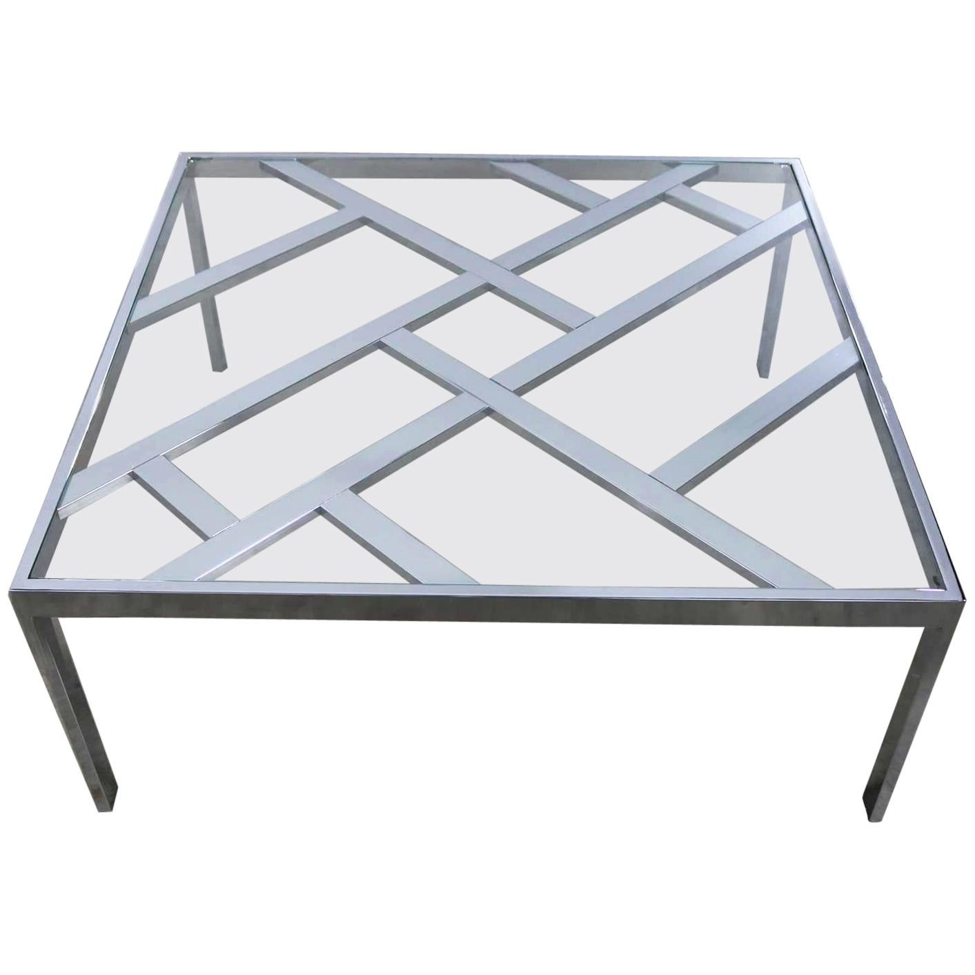Hollywood Regency Chrome Square Glass Top Coffee Table after Milo Baughman
