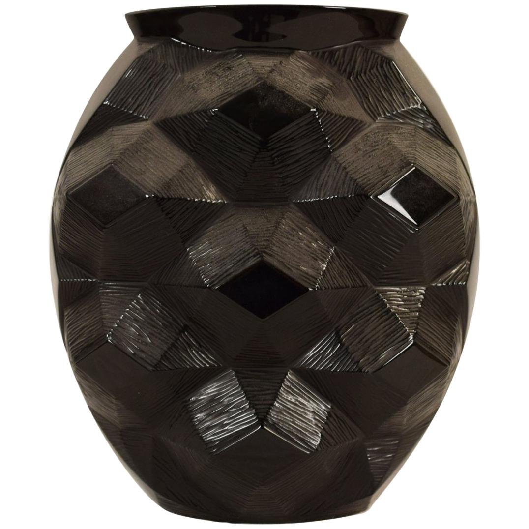 21th Century, French Black Glass Vase Tortue by Lalique