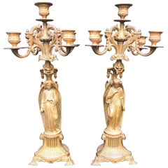 Antique Pair of Gothic Revival Five Candle Candelabras with Earth Angel Sculptures