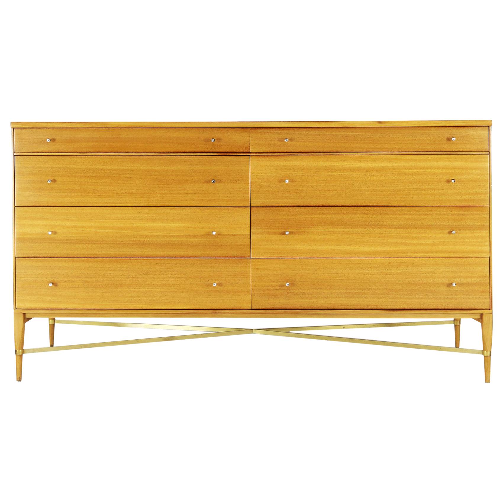 Paul McCobb Eight-Drawer Chest in Mahogany with Brass Cross Stretchers